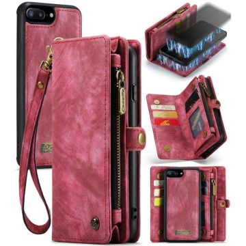 CaseMe for iPhone 8 Plus & 7 Plus   Multifunctional Leather Billfold with Detachable Magnetic PC Back Protective Case & Holder & 11 Card Slots & 3 Cash Slots & 1 Zipper Wallet & 2 Photo Frames & 3 Magnetic Clasps(Red)