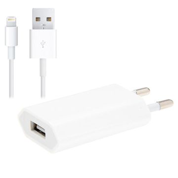 2 in 1 5V 1A EU Plug Travel Charger Adapter with 1m 8-pin Cable For iPhone(White)