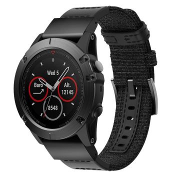 Canvas and Leather Watch Band for Garmin Fenix5x Plus Fenix3, Wrist Strap Size:150+110mm(Black)