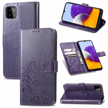 For Samsung Galaxy A22 4G Four-leaf Clasp Embossed Buckle Mobile Phone Protection Leather Case with Lanyard & Card Slot & Wallet & Bracket Function(Purple)