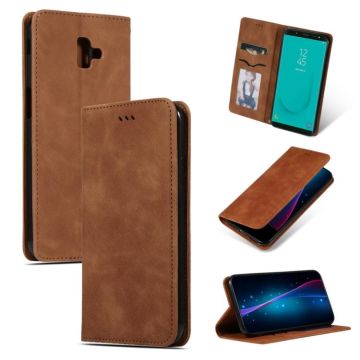 Retro Skin Feel Business Magnetic Horizontal Flip Leather Case for Samsung Galaxy J6 Plus 2018 & J6 Prime(Brown)