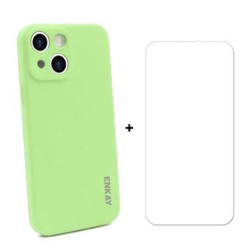For iPhone 13 ENKAY Liquid Silicone Shockproof Case with 9H Tempered Glass Film(Light Green)