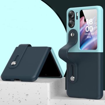 For OPPO Find N2 Flip Skin Color Contrast Wrist Strap Bracket Folding Phone Case(Dark Blue+Ice Blue)