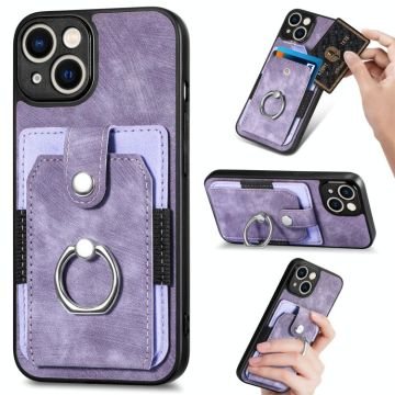For iPhone 12 Retro Skin-feel Ring Card Wallet Phone Case(Purple)