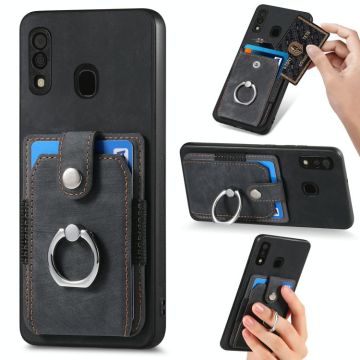 For Samsung Galaxy A30 Retro Skin-feel Ring Card Wallet Phone Case(Black)