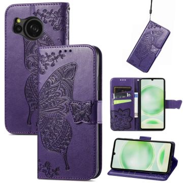 For Sharp Aquos Sense8 Butterfly Love Flower Embossed Leather Phone Case(Dark  Purple)