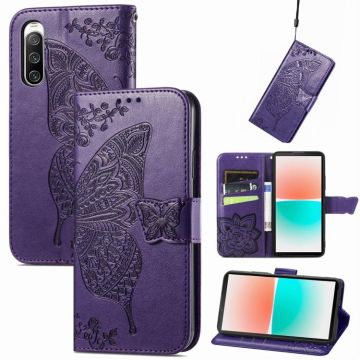 For Sony Xperia 10 IV Butterfly Love Flower Embossed Leather Phone Case(Dark Purple)