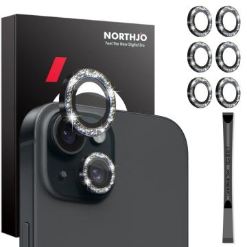For iPhone 15 / 15 Plus / 14 / 14 Plus NORTHJO 3 Set 6pcs Camera Lens Protector Glitter Metal Ring Film(Black)