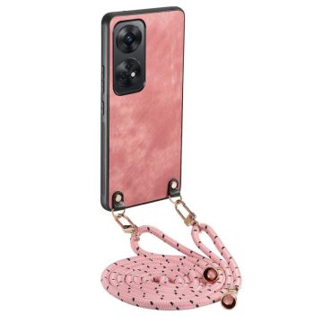 For OPPO Reno8 T 4G Vintage Leather PC Back Cover Phone Case with Crossbody Strap(Pink)