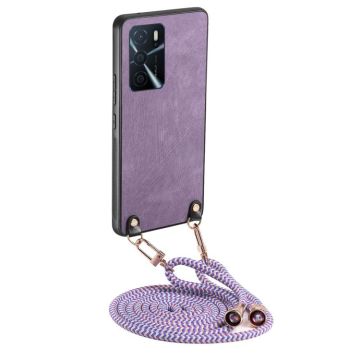 For OPPO A16 Vintage Leather PC Back Cover Phone Case with Crossbody Strap(Purple)