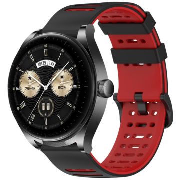 For Huawei Watch 22mm Hollow Three Rows Hole Two Color Silicone Watch Band(Black+Red)