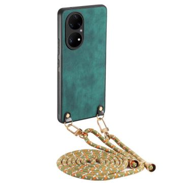 For Huawei P50 Pro Vintage Leather PC Back Cover Phone Case with Crossbody Strap(Green)