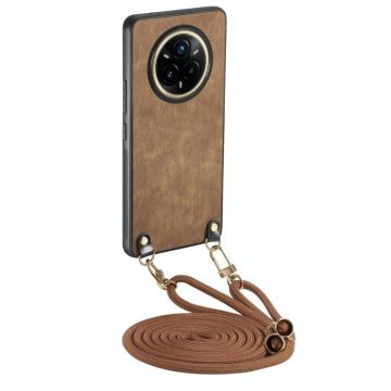 For Realme 14 Pro Vintage Leather PC Back Cover Phone Case with Crossbody Strap(Brown)