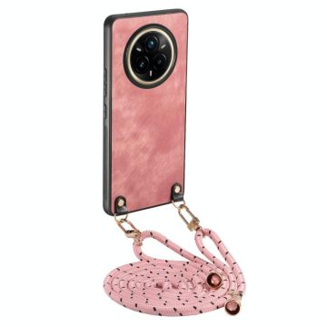 For Realme 14 Pro Vintage Leather PC Back Cover Phone Case with Crossbody Strap(Pink)