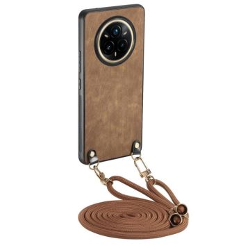 For Realme 14 Pro+ Vintage Leather PC Back Cover Phone Case with Crossbody Strap(Brown)