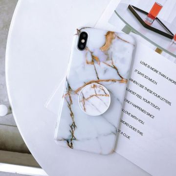 For iPhone XS Max Marble Anti-drop TPU Protection Back Cover with Folding Holder(White+Gold)