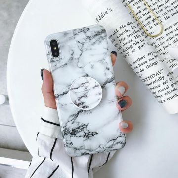 For iPhone XS Max Marble Anti-drop TPU Protection Back Cover with Folding Holder(Gray)