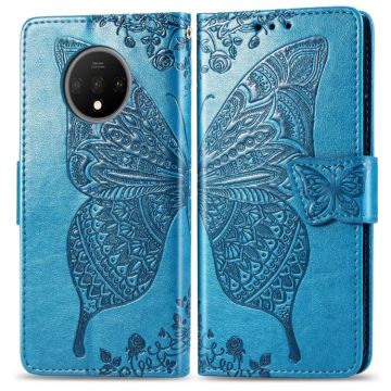 For One Plus 7T  Butterfly Love Flower Embossed Horizontal Flip Leather Case with Bracket Lanyard Card Slot Wallet(Blue)