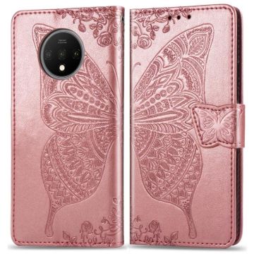 For One Plus 7T  Butterfly Love Flower Embossed Horizontal Flip Leather Case with Bracket Lanyard Card Slot Wallet(Rose Gold)