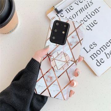 For Galaxy S20 Plus Plating Colorful Geometric Pattern Mosaic Marble TPU Mobile Phone Case with Folding Bracket(White PF3)