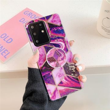 For Galaxy S20 Plus Plating Colorful Geometric Pattern Mosaic Marble TPU Mobile Phone Case with Folding Bracket(Magenta PF5)