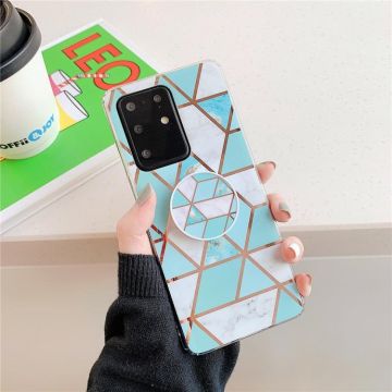 For Galaxy S20  Ultra Plating Colorful Geometric Pattern Mosaic Marble TPU Mobile Phone Case with Folding Bracket(Green PF2)