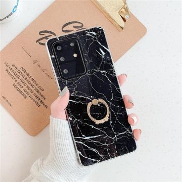 For Galaxy S20 Plus TPU Smooth Marble with Ring Metal Rhinestone Bracket Mobile Phone Protective Case(Black Q30)