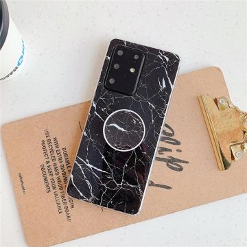 For Galaxy S20 Plus TPU Smooth Marble Pattern With Folding Bracket Mobile Phone Cose(Black A30)