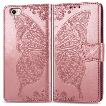For iPhone SE 2022 / SE 2020 Butterfly Love Flower Embossed Horizontal Flip Leather Case with Bracket / Card Slot / Wallet / Lanyard(Rose Gold)