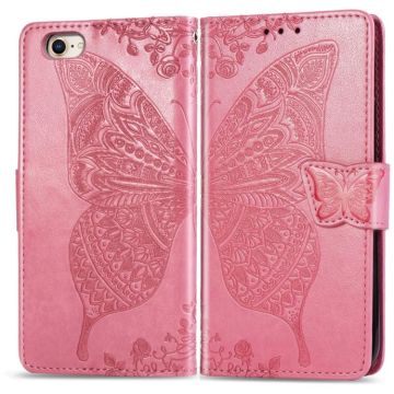 For iPhone SE 2022 / SE 2020 Butterfly Love Flower Embossed Horizontal Flip Leather Case with Bracket / Card Slot / Wallet / Lanyard(Pink)