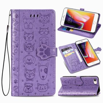 For iPhone SE 2022 / SE 2020 Cute Cat and Dog Embossed Horizontal Flip Leather Case with Bracket / Card Slot / Wallet / Lanyard(Purple)