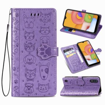 For Galaxy A01 Cute Cat and Dog Embossed Horizontal Flip Leather Case with Bracket / Card Slot / Wallet / Lanyard(Purple)