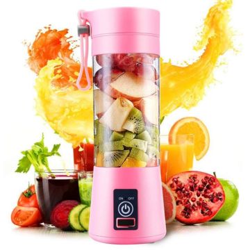 USB Rechargeable Electric Automatic Vegetable Fruit Citrus Orange Juice Maker Cup Mixer Bottle (380ML)(4 Blades Pink)