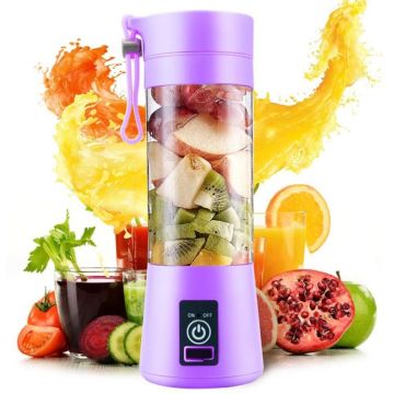 USB Rechargeable Electric Automatic Vegetable Fruit Citrus Orange Juice Maker Cup Mixer Bottle (380ML)(4 Blades Purple)