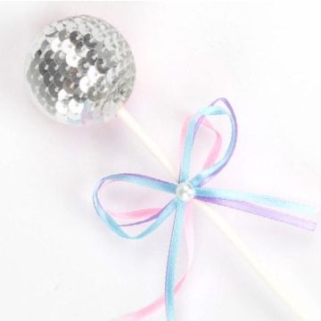 Ribbon Bow Sequin Ball Cake Party Dessert Inserted Card(Silver)