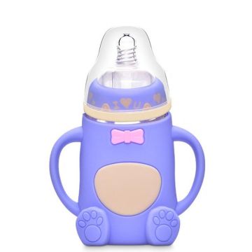 Baby Silicone Glass Bottles Drop-proof and Flatulence-proof Glass Baby Bottle(Style 2 Purple)