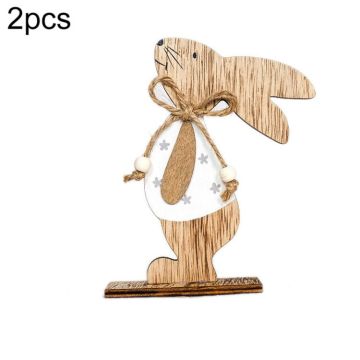 2 PCS Creative Easter Home Wooden Rabbit Decorative Ornaments(White Fower)