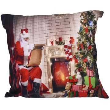 Christmas Ornaments Flannel Pillowcase Cartoon Printing Square Pillowcase Without Pillow Core(Santa Claus Fireplace)