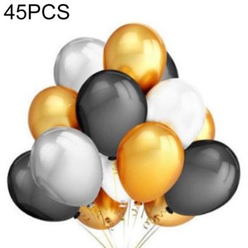 45 PCS 12 Inch Pearl Latex Balloons Birthday Wedding Party Decor with Colored Ribbon(Black + gold + silver)