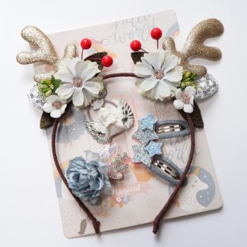 Christmas Hair Accessories Antlers Headband And Little Angel Hairpin Hair Band Combination Set(Grey)