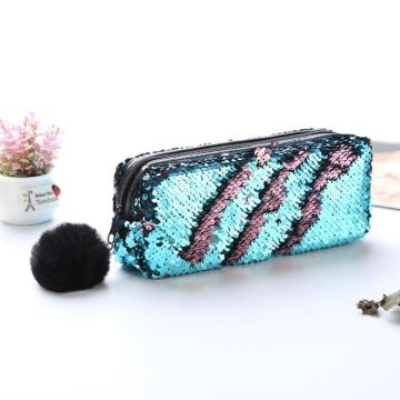 Reversible Sequin Pencil Case for Girls School Supplies Super Big Stationery Gift Magic Makeup Bag(Blue+Pink)