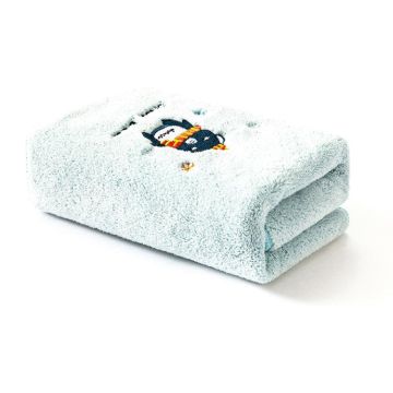 Coral Fleece Cartoon Embroidery Towel Kid Household Thickened Soft Absorbent Towel(Light Blue)