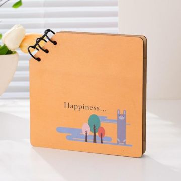 DIY Wooden Square Memorial Album Kids Growth Photo Album Cartoon Photo Book(Happiness)