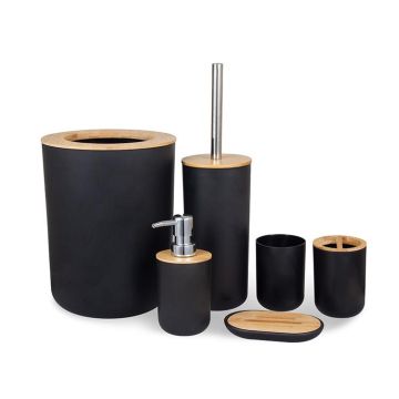 6 In 1 Toothbrush Holder Kit Toiletries Bamboo Wood Bathroom Trash Can Bathroom Set(Black)