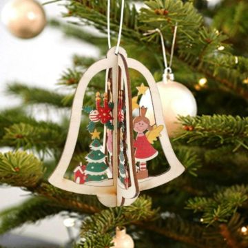 3D Christmas Wooden Pendant Christmas Tree Ornament DIY Santa Xmas Tree Decoration(Bell)